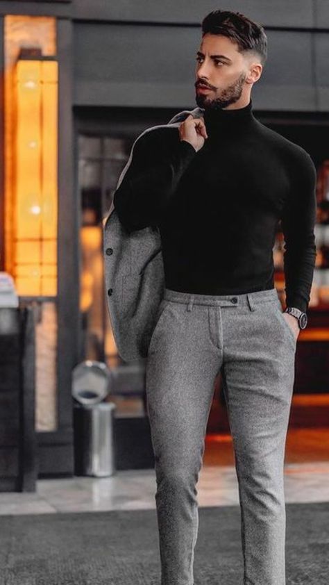 Mens Classy Outfits Summer, Upscale Casual Men, Turtle Neck Mens Outfit Formal, Blonde Man Outfit, Asian Men’s Fashion, Suit Ideas For Men Classy, Mens Turtleneck Suit Outfits, All Black Suit With Turtleneck Men, Formals For Men Classy