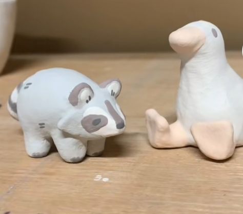 Tiny Clay Things, Clay Raccoon, Clay Crafts Ideas, Clay Duck, Clay Figurines, Raccoon Clay Sculpture, Uncomfy Co Clay Art, Clay Rats, Clay Moose