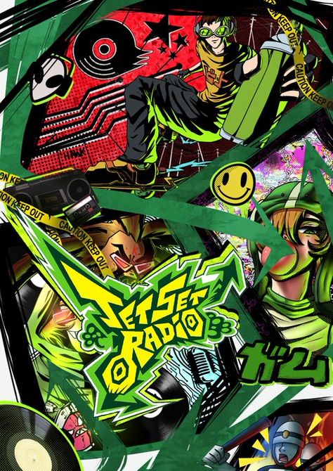 Y2k Music Background, Jetset Radio Aesthetic, Bomb Rush Cyberfunk Aesthetic, Jet Set Radio Wallpaper, Jetset Radio, Bomb Rush Cyberfunk Fanart, Hyperpop Wallpaper, Retro Games Poster, Jet Set Radio