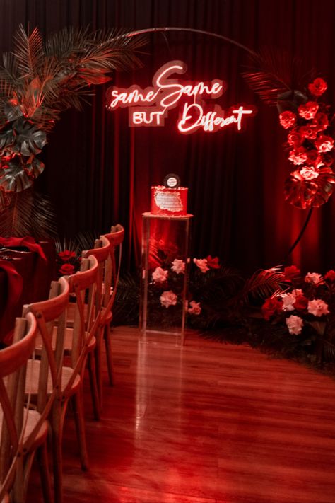 Red is the ultimate cure for sadness. Lady In Red Party Theme, Red Velvet Theme Party, Ruby Themed Birthday Party, 50 Shades Of Red Party Ideas, Red 30th Birthday Ideas, Ruby Birthday Theme, Red Theme Birthday Party Decor, All Red Party, Red Birthday Party Decorations