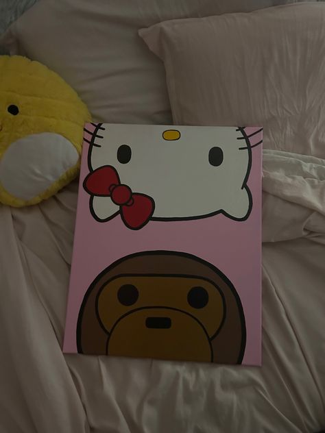 Milo And Hello Kitty, Hello Kitty Painting, Easy Graffiti Drawings, Kitty Painting, Cute Easy Paintings, Pink Canvas Art, Baby Milo, Color Drawing Art, Kitty Drawing