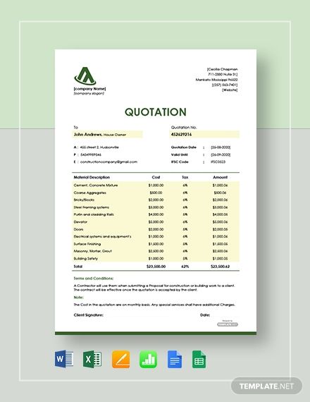 Professionally Designed/ Written Free Free House Construction Quotation Template Template - Easily Download, Edit & Print in Google Docs (doc), Google Sheets (xls), MS Excel (xls), MS Word (doc), Numbers (numbers), Pages (pages) Construction Quotation Format, Wedding Quotation Format, Quotation Sample, Quotation Template, Quotation Format, Conference Poster, Smartphone Hacks, Invoice Design, Types Of Social Media