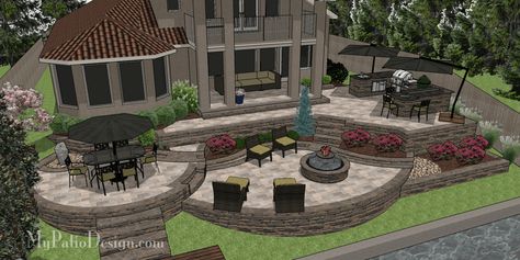 Custom 3D Patio Design | Designing Patios You Love to Use – MyPatioDesign.com Backyard Raised Patio Designs, Rancho Decorations, Ranch Porch, Cottage Deck, Circle Patio, Hardscape Patio, Garden Patios, Patio Plans, Modern Patio Design