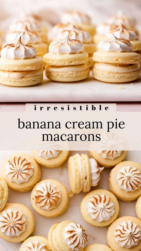 Macaroons Cream Recipe, Banana Cream Macarons, Coconut Cream Pie Macarons, Dessert Recipes Macaroons, Macaroons Flavors Recipes, Macarons Fillings Recipe, Banana Pudding Macaron, Banana Cream Pie Macaron, Macaroon Flavor Ideas