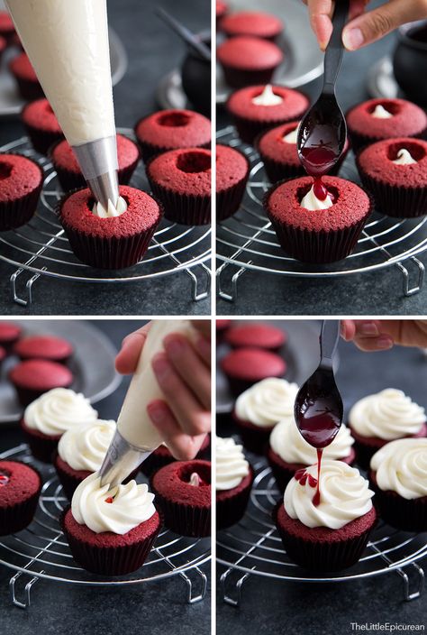 Bloody Red Velvet Cupcakes. Fun and tasty Halloween treat. Red Velvet Halloween, Halloween Muffins, Muffins Decoration, Dessert Halloween, Resipi Kek, Halloween Treats For Kids, Halloween Fest, Oreo Cupcakes, Halloween Baking