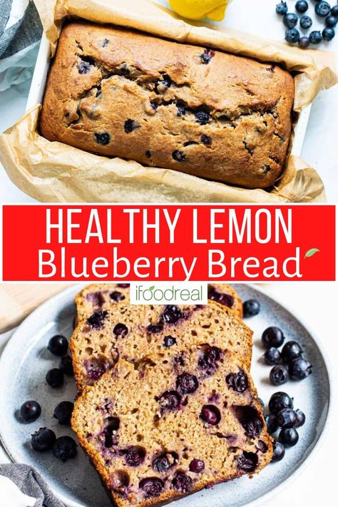 Healthy Lemon Blueberry Bread is moist, fluffy and bursting with lemony flavor and blueberries in every bite. Made with whole wheat flour, yogurt and no refined sugar, this low calorie blueberry bread is a must try! Healthy Blueberry Bread, Lemon Quick Bread, Bread Without Sugar, Healthy Lemon Blueberry, Almond Flour Blueberry Muffins, Blueberry Bread Recipe, Blueberry Loaf, Lemon Poppyseed Bread, Blueberry Banana Bread