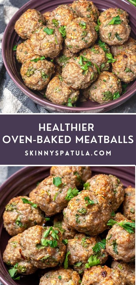 Healthier Oven Baked Meatballs – Skinny Spatula Healthy Beef Meatballs, Raining Meatballs, Ground Pork Meatballs, Turkey Meatball Soup, Baked Italian Meatballs, Oven Baked Meatballs, Meatball Stew, Baked Meatballs, Meatball Sub