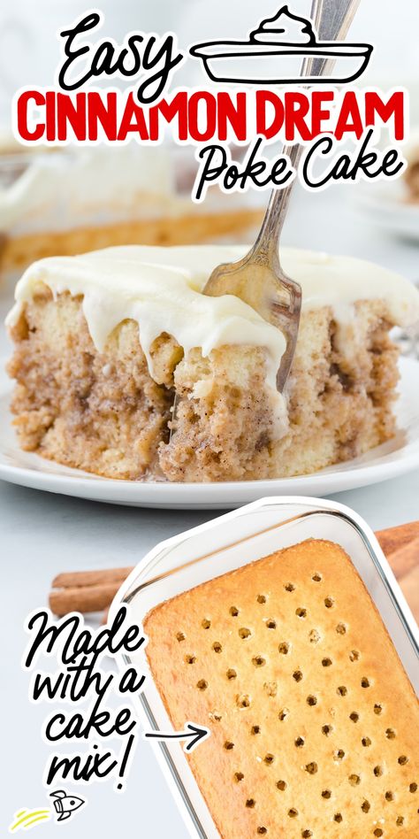 If you love cinnamon rolls but want something a little different, then this cinnamon roll poke cake will be perfect. This easy-to-make recipe uses a box of white cake mix to do the hard work and is ready in less than an hour, including making the delicious cream cheese frosting on top. Cinnamon Roll Pumpkin Cake, Easy Cake Recipes Using Cake Mix Boxes, Things To Do With Cake Mix Recipes, Canola Poke Cake, Cinnamon Roll Gooey Butter Cake With Cream Cheese Drizzle, Easy Poke Cake Recipes Condensed Milk, Poke Cake Recipes White Cake, Easy Semi Homemade Desserts, Easy Cinnamon Roll Cake With Box Cake