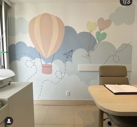 Mural Wall Art Kids Rooms, Balloon Wall Art, Nursery Wall Painting Ideas Simple, Easy Playroom Wall Mural, Toy Room Wall Paint Ideas, Rainbow Feature Wall, Kids Room Mural Ideas, Nursery Wall Painting Ideas, Nursery Murals Painted