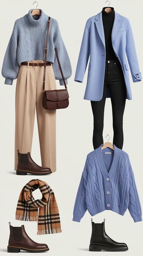 variety of outerwear and layering pieces in shades of blue and brown. This includes a cozy cable-knit cardigan, a plaid shacket, and a structured camel-colored coat. These versatile items can be seamlessly incorporated into various outfits, allowing for effortless transitioning between seasons. basic wardrobe, capsule wardrobe, stylish wardrobe, minimalist wardrobe, autumn wardrobe, winter wardrobe, wardrobe trends, create a wardrobe, fashionable wardrobe, office wardrobe. casual outfit Blue Capsule Wardrobe, Casual Chic Style Outfits, Wardrobe Office, Aesthetic Wardrobe, Wardrobe Minimalist, Office Wardrobe, Wardrobe Capsule, Classy Winter Outfits, Basic Wardrobe