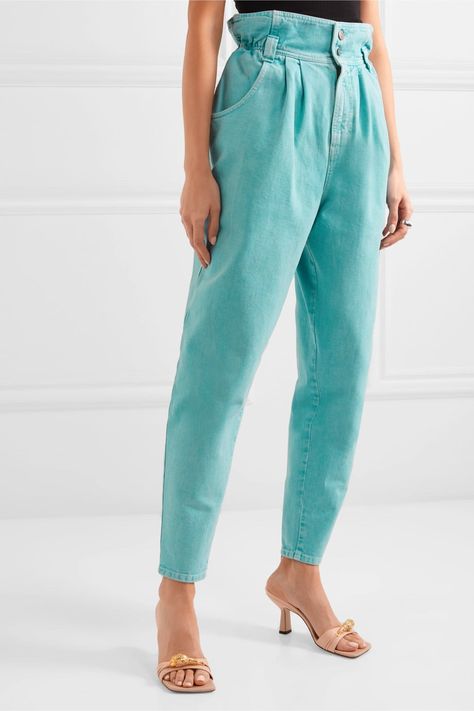 Gucci Appliquéd high-rise tapered jeans. THIS COLOUR! #mint #jeans Mint Jeans, Jeans Gucci, Gucci Sweatshirt, New Street Style, Gucci Outfits, Fall Pants, Pant Trends, Gucci Shoulder Bag, Street Style Trends