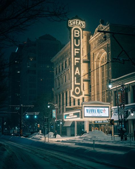 Shea's Buffalo Theatre on a snowy night in downtown Buffalo, New York Buffalo New York Winter, Buffalo New York Aesthetic, Buffalo Ny Aesthetic, Romanticize College, Buffalo City, Snowy Night, Rust Belt, New York Winter, Buffalo New York