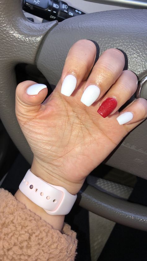 Red Nails White Glitter, Red And White Nail Ideas Acrylic, Red And White Nails Simple, White Nails With Red Glitter, Nails To Match A Red Dress, White With Red Nails, Graduation Nails Red And White, Cute Red And White Nails, White Nails With Red Sparkle