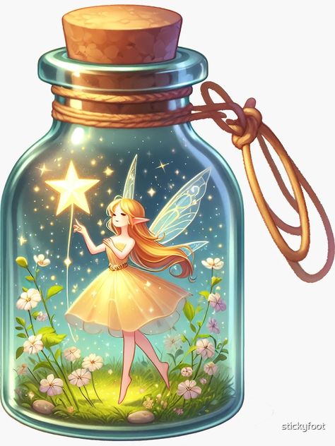 "Fairy in a Bottle" Sticker for Sale by stickyfoot | Redbubble Fairy In A Bottle, Bottle Drawing, Fairy Stickers, Jar Art, Magical Fairy, Fairy Magic, Bottle Sticker, Bottle Painting, Water Colour