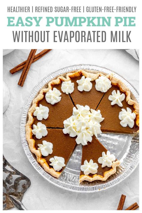 One bite of this easy pumpkin pie recipe without evaporated milk, and you’ll never go back! The creamy and fluffy pumpkin pie filling is made from scratch with almond milk, maple syrup, and pumpkin pie spice for a healthy, lower sugar dessert. Simple to make and the perfect option for holidays! {Dairy-free & Gluten-free-friendly} Pumpkin Pie Recipe Without Evaporated, Pumpkin Pie Recipe Without Evaporated Milk, Pumpkin Pie Without Evaporated Milk, Fluffy Pumpkin Pie, Easy Pumpkin Pie Recipe, Frozen Pumpkin Pie, Pumpkin Pie Crust, Healthy Pumpkin Pie Recipe, Healthy Pumpkin Pie