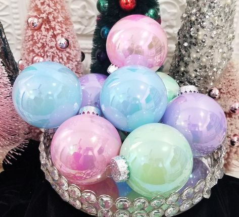 Here is a set of pretty pastel Christmas ornament balls. The colors of pink, blue, green, and purple just glisten with their iridescent sheen. They measure 3". Perfect to make a candy or bakery theme tree Pink And Teal Christmas, Candyland Christmas Decorations, Yule 2024, Christmas Ornament Balls, Pastel Christmas Tree, Bakery Theme, Iridescent Christmas, Theme Tree, Pastel Christmas Decor