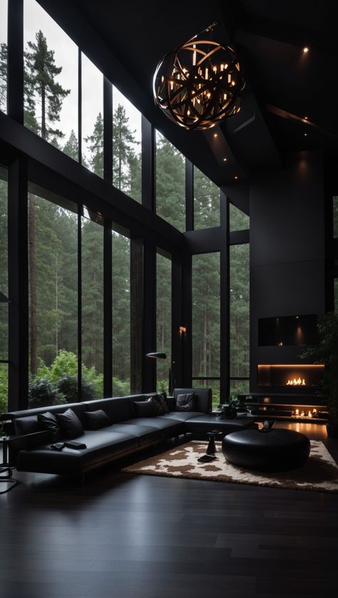 Dark luxury house in a forest Dark Luxury House, Forest House Aesthetic, House In A Forest, Dark Home Aesthetic, Dark House Aesthetic, Black Modern House, Dark Modern House, Dark Luxury, Dark Interior Design