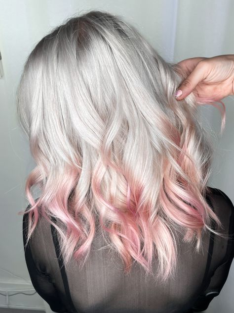 White hair ,baby pink hair , pink hair by Price at Kokopelli Salon, Vancouver BC Hair With Pink Tips, Pink And Silver Hair, White And Pink Hair, White Hair With Lowlights, White Pink Hair, Baby Pink Hair, Pink Tips, White Blonde Hair, Blonde With Pink