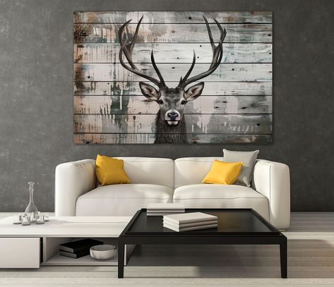 Elk Deer canvas print Horns wall art Elk print Deer on wood wall art Head animal art Hunting gifts Large wall art Cabin wall art decor arrives ready to hang and no additional framing required. MATERIALS and PROCESS : - Premium 100% Cotton Canvas 350gsm.  - It is printed with high definition HD quality and the latest technology UV machines. - 100% Original Inks. - Professionally hand-stretched on a 1" pinewood frame, no additional framing required. - Gallery wrapped canvas. - Ready to hang right Deer Interior Design, Hunting Bedroom For Boys, Hunting Decor Living Room, Camo Home Decor, Hunting Room Decor, Hunting Cabin Decor, Hunting Lodge Decor, Cabin Wall Art, Hunting Room