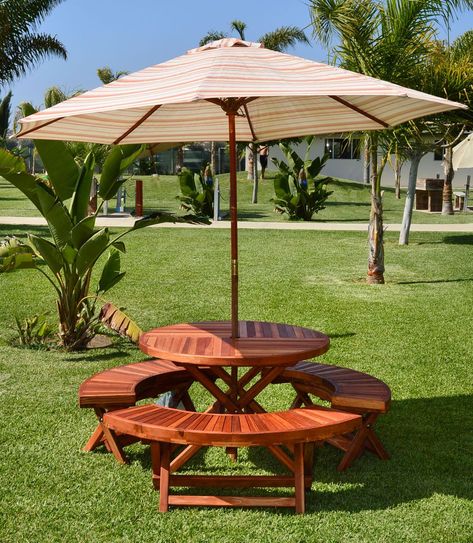 Wood table Picnic Table Ideas, Outdoor Umbrella Table, Build A Picnic Table, Picnic Table With Umbrella, Picnic Table Plans, Wooden Picnic Tables, Backyard Seating Area, Curved Bench, Folding Picnic Table