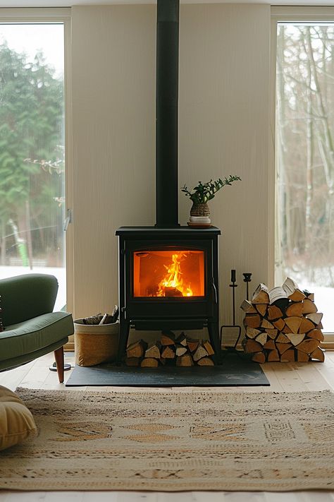 Stylish Indoor Log Storage Solutions for Every Home Log Burner Bedroom, Wood Burner Without Fireplace, Fire Burning Stove, Wood Burner Designs, Woodburner Living Room, Wood Fired Stove, Log Burners Without Fireplace, Wood Burner No Fireplace, Freestanding Log Burner