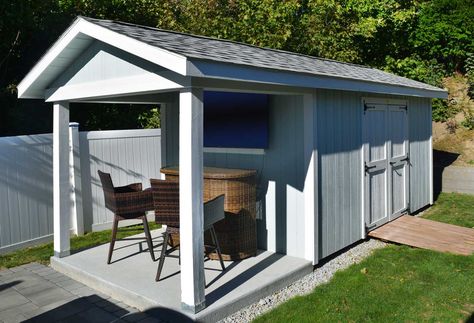 Storage Shed With Covered Patio, Storage Shed With Porch, Outside Storage Shed, Shed With Porch, Backyard Storage Sheds, Custom Sheds, Outside Storage, Backyard Storage, Lake Cabin