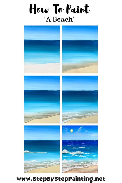 How To Paint A Beach - Acrylic Painting Tutorial Beach Theme Canvas Painting Diy, How To Paint Seascapes In Acrylics, Beach Easy Painting Ideas, Acrylic Paint Beach Scene, Beach Art Tutorial, Beautiful Beach Paintings, Diy Ocean Canvas Painting, Beach Painting On Wood, Beach Scene Acrylic Painting