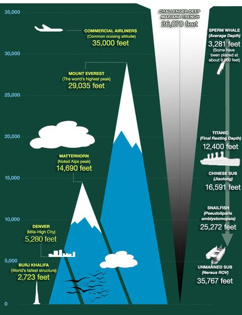 Image: Mariana Trench comparison graphic Mariana Trench Ocean, Challenger Deep, Ocean Trench, Mariana Trench, Ocean Science, Marianas Trench, Earth And Space Science, Oceanography, Information Graphics