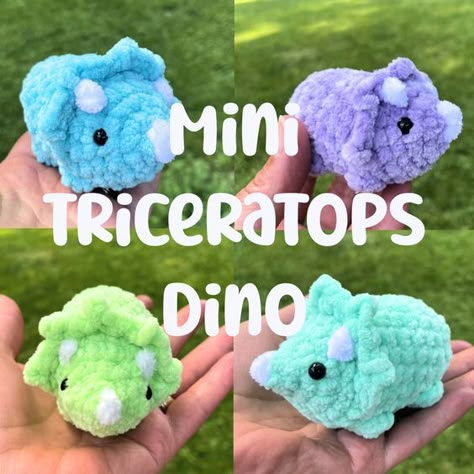 Crochet Triceratops Dinosaur Plushie,Mini Triceratops Crochet Dino Plushies,Crochet Mini D #crochetplushieseasy #crochetplushiesideas #crochetpatternsplushies #crochetplushiessmall #crochetplushiesbunny #crochetteddybear #easycrochetplushies Crochet Amigurumi Triceratops, Mini Crochet Triceratops, No Sew Crochet Triceratops, Crochet Dino Triceratops, Cute Small Crochet Animals, Amigurumi With Chunky Yarn, Cute Plushies Crochet, Crochet Triceratops Free Pattern, Triceratops Crochet Pattern Free