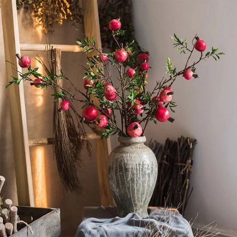 Pomegranate Branch, Pomegranate Wedding, Faux Stems, Vintage Wedding Party, Fake Fruit, Pomegranate Fruit, Christmas Picks, Artificial Fruit, Winter Floral