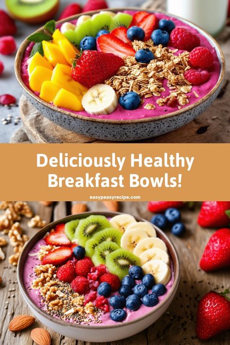 Colorful smoothie bowls topped with fresh fruits, nuts, and seeds.