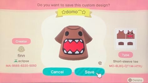 domo acnh emo clothes scene ac animal crossing Acnh Nookphone Design, Acnh Band Tee Code, Acnh Clothes Ideas, Emo Animal Crossing Designs, Town Flag Acnh, Emo Acnh Designs, Walker Animal Crossing, Custom Design Clothes Acnh, Tammy Animal Crossing