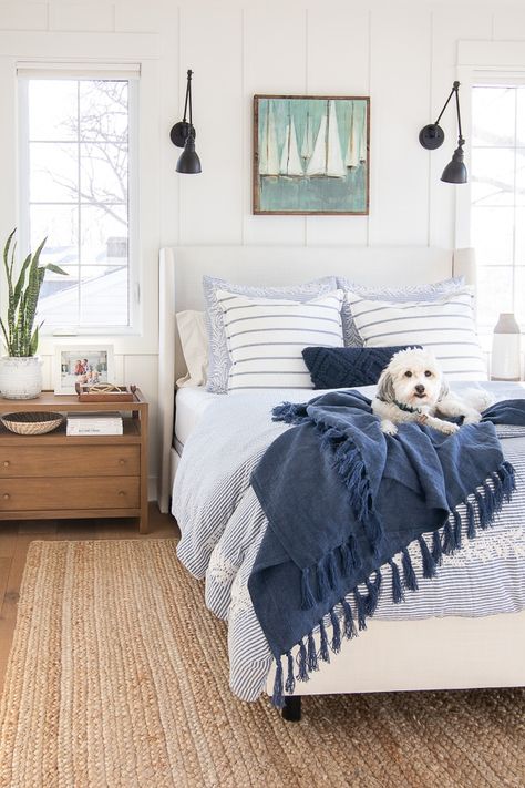 Bedroom Blue And White, Lake House Master, White Upholstered Bed, Coastal Cottage Bedroom, Cottage Bedroom Decor, Nautical Bedroom, Bedroom Blue, Coastal Bedroom Decorating, White Bedroom Decor