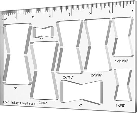 Made of Reinforced Clear Hardened-acrylic Material, 1/4" Thicker Router Jig Woodworking Make Your Tools Durable and Long-lasting. 8 Sizes 1"、1-3/8"、1-11/16"、 2"、 2-7/16"、 2-3/4"、 3" 、3-1/2". Easily Help You Cut the Perfect Router Jig Template. Easy to Use Router Jigs and Templates with Inlaid Clear Scale Markings for Permanent Durability. Perfect for Decorating Wooden Furniture Imperfections, Such as Cracks on Desktop and Cabinets. Wood Router Table, Router Inlay, Router Jigs, Tie Template, Router Templates, Router Tool, Router Jig, Box Joints, Butterfly Template