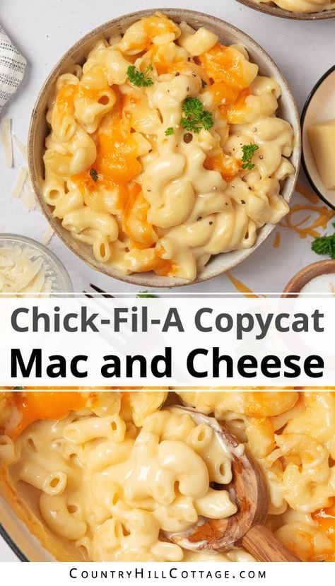 Creamy and cheesy, this homemade Chick Fil A mac and cheese recipe is the best copycat mac n cheese recipe you'll ever taste. The sauce with 5 different types of cheese like cheddar, Romano, parmesan and American cheese, creates the smoothest, richest, and creamiest casserole. Your family will devour the gooey side dish that pairs nicely with your favorite mains. If you're looking for an easy comfort food recipe, this restaurant-worthy mac n cheese comes to the rescue! | CountryHillCottage.com Copycat Chick Fila Mac N Cheese, Copycat Chickfila Macaroni And Cheese, Copycat Jim And Nicks Mac And Cheese, Jeff Ruby Mac And Cheese Recipe, Healthy Kraft Mac And Cheese Recipes, Mac And Cheese Quesadilla, Golden Corral Macaroni And Cheese, Chik Fila Mac N Cheese Copycat, Chick Fil A Mac N Cheese