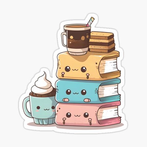 Kawaii Little Bookstack and Coffee Reading • Millions of unique designs by independent artists. Find your thing. Cute Sticker Book, Kawaii Book Drawing, Sticker Book Ideas, Kawaii Book, Kawaii Coffee, Coffee Reading, Book Tattoo, Coffee Stickers, Easy Drawings Sketches