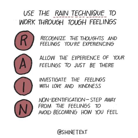 Shine on Instagram: “Your feelings are temporary, especially the difficult ones. Today, use the RAIN technique, from Tara Brach, Ph.D, to let any tough feelings…” Shine Text, Tara Brach, Healing Inspiration, Mental Health Month, Individual Therapy, Working On Me, Better Mental Health, Ways To Be Happier, English Writing Skills