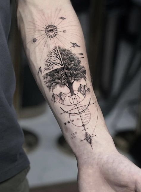 Geometric Trees Tattoo, Phylogenetic Tree Tattoo, Nature Geometric Tattoo, Circle Of Life Tattoo, Nature Tattoo Sleeve Women, Geometric Tattoo Tree, Inner Arm Tattoos, Nature Tattoo Sleeve, Geometric Nature