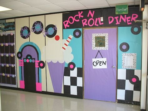 Themed hallway decorations for each grade level=AWESOME! Description from pinterest.com. I searched for this on bing.com/images Decade Dance, Homecoming Hallways, School Hallway Decorations, Roll Door, Grease Theme, Hallway Decorations, Grease Party, School Dance Ideas, Decades Party