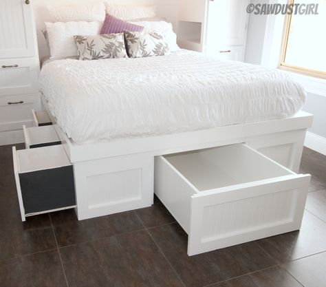 Built-in Wardrobes and Platform Storage Bed Ikea Stolmen, Bed With Drawers Underneath, Sawdust Girl, Murphy Bed Ikea, Platform Storage Bed, Diy Platform Bed, Platform Storage, Murphy Bed Plans, Storage Platform