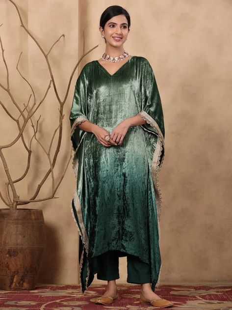 Buy Green Ombre Dyed Viscose Velvet Zari Embroidered Kaftan with Chanderi Pants - Set of 2 | MAKL12/TYG9 | The loom Plus Size Fashion For Women Indian, Velvet Kaftan, Kaftan Set, Ombre Velvet, Cotton Kaftan Dress, डिजाइनर कपड़े, Embroidered Kaftan, Kaftan Designs, Cotton Kaftan