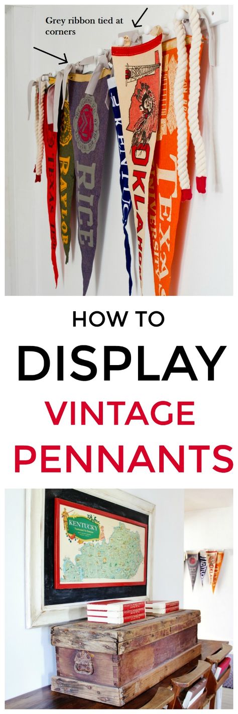 Vintage pennants decorate the walls of this playroom in a turn-of-the-century farmhouse. Easy project to display vintage pennants from pegs. #vintage #pennant #homedecor #vintagedecor Home Decor Ideas Rustic, Vintage Pennants, Pennants Vintage, Diy Household Tips, Thistlewood Farms, English Decor, Beautiful Interior Design, Kitchen Marble, Diy Household