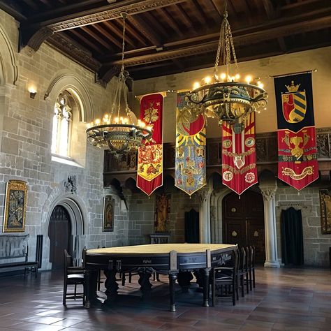 Medieval Hall Interior: A grand medieval hall adorned with vibrant heraldic banners, a large wooden table, and an ornate chandelier. #medieval #hall #interior #heritage #historical #aiart #aiphoto #stockcake ⬇️ Download and 📝 Prompt 👉 https://ayr.app/l/3oKc Medieval Great Hall, Chandelier Medieval, Large Wooden Table, Ornate Chandelier, Stone Doorway, Medieval Aesthetics, Medieval Banquet, Vintage Architecture, Great Hall