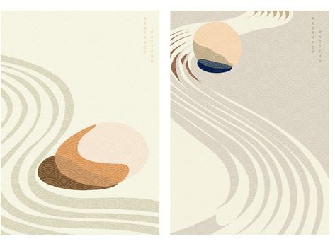 Zen garden with Japanese wave pattern vector. Stone and sparkle by marukopum Zen Design Graphic, Zen Graphic Design, Japanese Minimalism Art, Zen Illustration, Zen Minimalism, Japanese Wave Pattern, Mini Zen Garden, Zen Garden Design, Japanese Wave