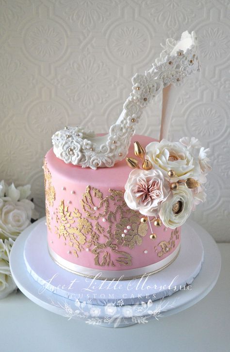 Bridal Shower High Heel Cake Definitely one of my favorite cakes! Sugar heel is made out of fondant. Handmade sugar flowers. Stencil is... Blush Pink Wedding Shoes, High Heel Cakes, Blush Pink Bridal Shower, Shoe Cakes, Bridal Shower Cakes, Wedding Cake Table, Gold Bridal Showers, Bridal Shower Cake, Pink Bridal Shower