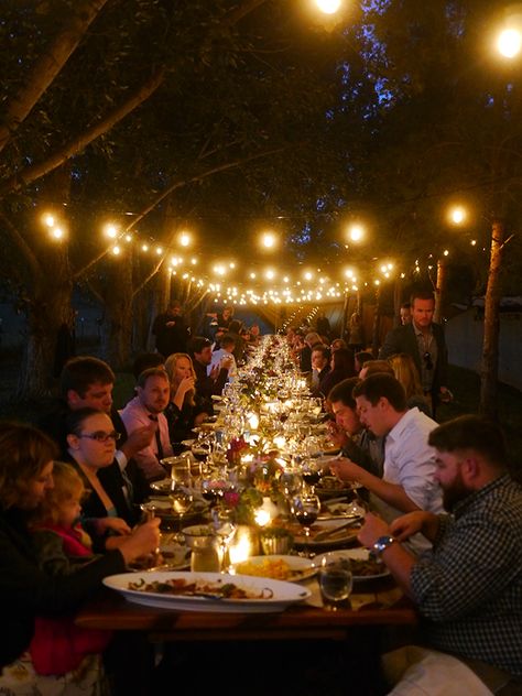 long table under bistro lights for wedding Long Table Dinner Party, Dinner Party Long Table, Garden Parties Ideas, Aesthetic Garden Party, Garden Party Wedding Dress, Garden Party Food, Flower Arch Decor, Long Table Dinner, Sit Down Dinner