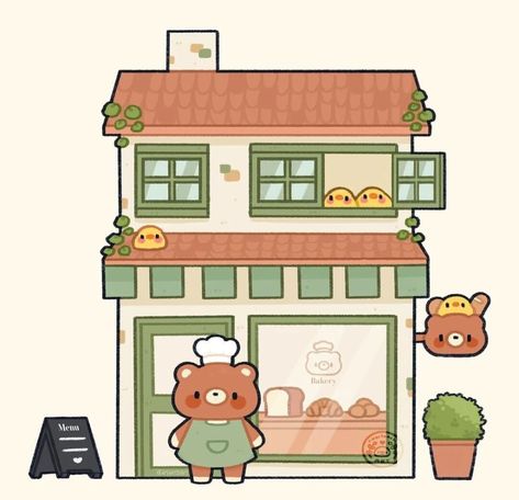 ArtStation - BEAR's Bakery, Galina Podolskaya Kawaii Building Drawings, Cartoon Cafe, Cute Home Drawing, Cute Bakery Drawing, Bakery Drawing Cute, Kawaii Restaurant, Cute Shop Drawing, Bakery Cartoon, Cute Cafe Illustration