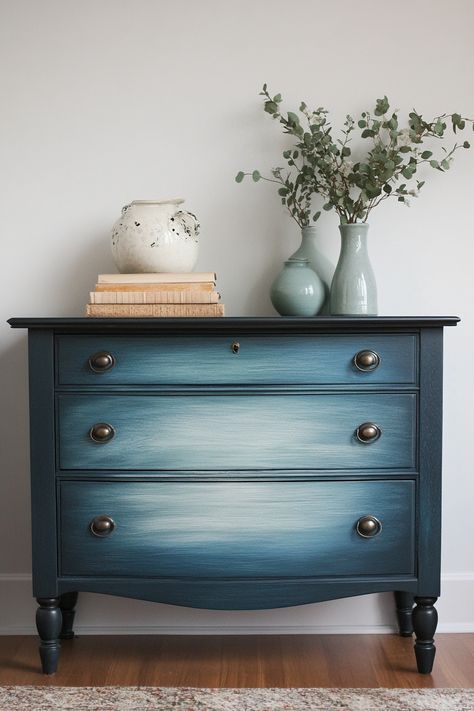 Blended Painted Furniture, Changing Dresser, Ombre Paint, Colorful Dresser, Dresser Refinish, Dusk Sky, Dresser Ideas, Diy Ombre, Wooden Dresser