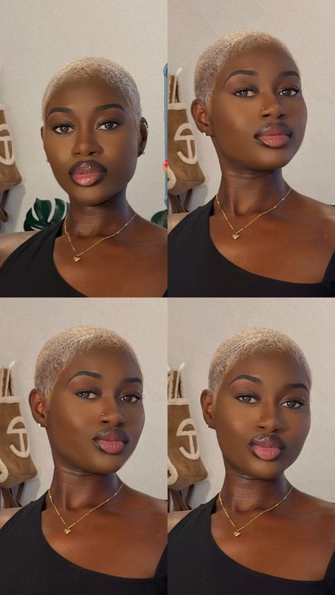 Short blonde hair on black women Bleached Shaved Head Black Women, Bleached Buzzcut Black Women, Lowcut Hair For Black Women, Blonde Buzz Cut Black Women, Styling Buzzcut, Blonde Bald Fade Women Black, Blonde Buzzcut Woman Black, Blonde Twa Black Women, Short Blonde Hair Black Women