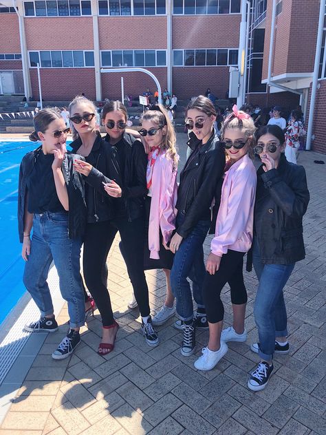 grease costumes Grease Spirit Day Outfit, Grease Group Halloween Costumes, 50s Spirit Week Outfit, Greece Vs Grease Spirit Week, Grease Group Costumes, Grease Party Theme Outfit, Dress As Your Favorite Celebrity Spirit Week, Grease Halloween Costumes Group, Greece Movie Outfits